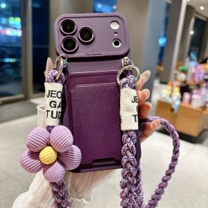 Cute 3D Flower Crossbody Lanyard Case For iPhone 18 Pro Max 17 13 14 15 Plus Card Holder Wallet Knit Strap Soft Silicone Cover