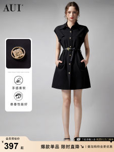 AUI Black Workwear Shirt Dress Womens Summer New Style Sleeveless Waist Cinched Slim A-Line Skirt High Waist Polo Collar Dress