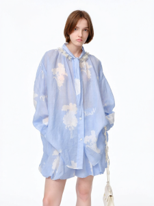 Summer Fashion Elegant Blue Flower Inlayed Ramie Long Sleeve Shirt Dress