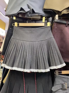 High Waist Pleated Skirt Women A Line Short Skirt with Lace Trim