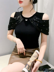 Áo Thun Nữ Hở Vai Tay Ngắn Đính Đá Quấn Eo Mùa Hè 2024 Phong Cách Hàn Quốc Cotton 90% Trang Phục Công Sở Màu Trơn