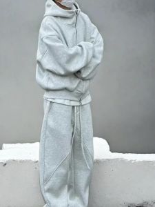 Mens Casual Sportswear Set Loose Fit Hoodie Sweatpants Two-Piece Suite Polyester Fiber Long Sleeve Youth Autumn Winter