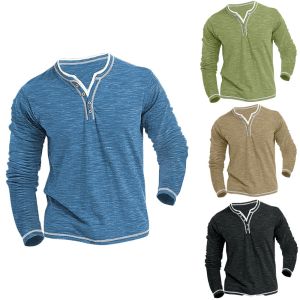 New Cotton Small V-neck T-shirts Mens Casual T-shirt Fall Winter Long-sleeved Comfortable Soft Stretch Henley Shirt