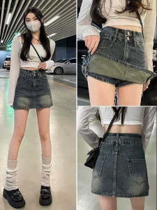 กระโปรงยีนส์สั้นทรงเอเอวสูงสำหรับผู้หญิง ฤดูร้อน 2024 กระโปรงสั้นทรงเอป้องกันแสง ไซส์ใหญ่ กระโปรงสั้นทรงเอลายดอกไม้