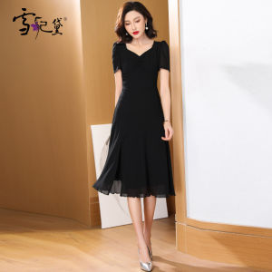 Summer Fashionable Black Chiffon Midi Dress Womens Long Sleeve A-Line Skirt Slimming Gown Elegant Style Commute Suitable