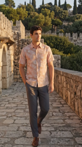 camel active Mens Business Casual Regular Fit Allover Print Short Sleeve Shirt - Pink 9-102X26PRT1892