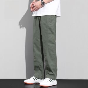 ROMON | Romon Mens Summer Thin Casual Cotton Workwear Pants Drapey Wide Leg Straight Cut Long Trousers Comfortable Breathable Leisure