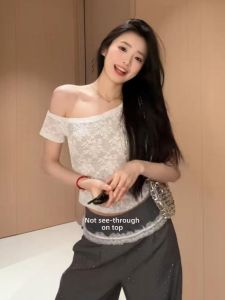 YUEZHONGWEI | Off Shoulder Irregular Lace Short Sleeve T-Shirt
