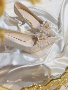 รองเท้าแต่งงานสีแชมเปญชี้นิ้วเท้ารองเท้าส้นสูง ผู้หญิง รองเท้าแฟชั่นเดียว เรียบหรู กลิตเตอร์ หนัง ไฟเบอร์ละเอียดพิเศษ ซับใน