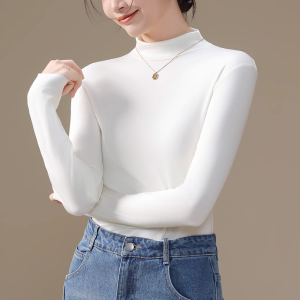 MiiOW | เสื้อชั้นในผู้หญิงคอปกสั้นผ้าขนสัตว์ ทรงสลิมฟิต แขนยาว ปกติ ฤดูใบไม้ร่วง 2025 เสื้อชั้นในสีพื้น ด้านนอก