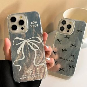 💗Internet celebrity trend+In stock+COD Suitable for 15 Promax Protect Case Premium Black White Ribbon for IPhone 13 14 Phone Case Cover Case Feather Silk Silver