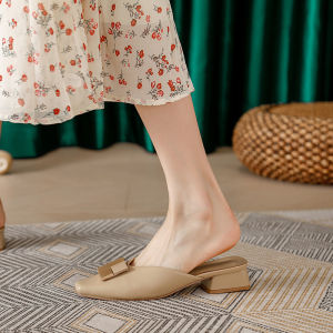 Knot Square Headed Womens Sandals Summer Outdoor Wear Leather Thick Heel Mules Slip-On Shoes Comfortable Lazy Womens Footwear