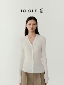 Silk Knitted Open Cardigan Icicle Womens Spring 2025 Simple Style Slim Fit Long Sleeve V-Neck Short Length Button Detail