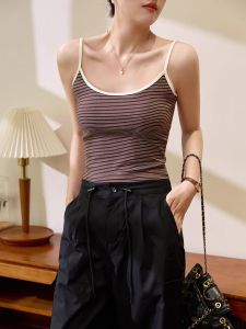 เสื้อกั๊กสายเดี่ยวลายทางสำหรับผู้หญิงในช่วงฤดูร้อน แขนกุด สไตล์เรียบง่าย แขนกุด เสื้อคลุมแบบสวมหัว ทรงเข้ารูป ผ้าฝ้ายผสมยางยืด