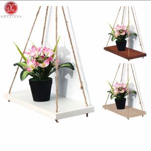 DEcTionS Rak Dinding Minimalis Tali Gantung 40x15 cm Ambalan Kayu - Tempat Bunga Hiasan Dinding - Rak Gantung Modern dengan Tali Rami Kuat - Bisa Menahan Beban hingga 8kg