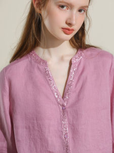 Miccbeirn | Miccbeirn Pure Linen Shirt With Embroidered Bright Sequins Sleeveless V-neck Gentle Lady Style Sweet Girl Feeling Commute Style
