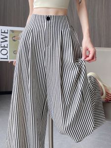 Summer Thin Ice Silk Cotton Linen Striped Wide Leg Pants Womens High Waist Loose Casual Straight Cut Floor Length Suit Trousers