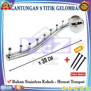GANTUNGAN BAJU 9 TITIK GELOMBANG P=30Cm Stainless Bonus Paku Beton - Gantungan Baju Besi Stainless - Gantungan Baju Tempel Tembok - Gantungan Tempel Dinding - Gantungan Baju Multifungsi - Hanger Gantungan Baju Dinding - Gantungan Baju Hanger - bisa COD
