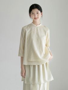 New Chinese Style Womens Tencel Linen Embroidered Top Tang Suit Set Summer Vintage Zen Tea Clothing Ensemble Female Fashion