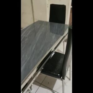 (FREE ONGKIR) 1 Set Meja Makan+4 Kursi/ Full Stainless Steel/ Batu Granit Asli Motif Marmer