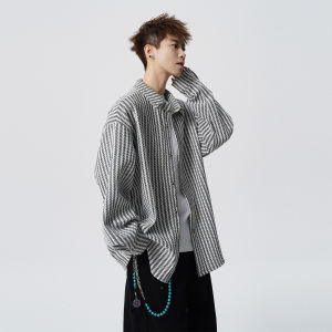 NANSSE | American Fishbone Pattern Long Sleeve Loose Casual Mens Shirt