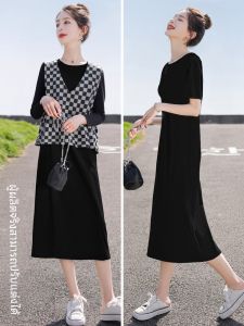 ชุดเดรสยาวแขนสั้นคอตั้งสีดำทรงเอเข้ารูปสำหรับผู้หญิงช่วงฤดูร้อน ชุดเดรสยาวคลุมท้อง ชุดทำงานลำลอง