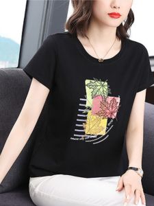 เสื้อยืดแขนสั้นผู้หญิง สีดำ ทรงหลวม ทรงเข้ารูป ทรงปกติ ฤดูร้อน 2024 แขนสั้น คอตตอนแท้ ทรงเข้ารูป เสื้อยืดผู้หญิง