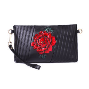 Long Leather Clutch Bag Womens Handbag National Style Floral Pattern Soft Leather Small Square Bag Casual Shoulder Bag