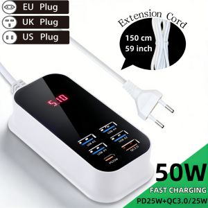 Real 50W 6-Port USB Type C PD QC3.0 Charger Phone Fast Charging LED Extension Cord Power Adapter Desktop Wall for iPhone Samsung