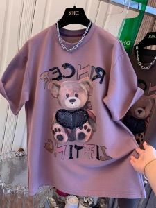 Extra Large 300kg European Style Bear Print Thick Short Sleeve T-shirt for Women Spring Summer Season Underwear Top