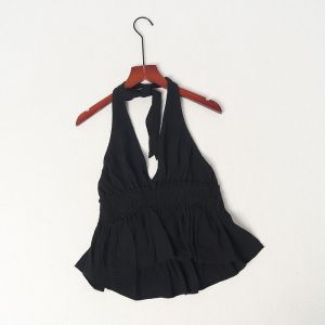 Deep V Neck Backless Bell Sleeve Texture Frayed Edge Summer Vacation Style Womens Tank Top Cotton Blend Slim Fit Commute Wear