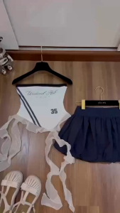 Set thiết kế mặc hè đồ thể thao nữ xinh áo Borip sọc in cúp ngực phối tua rua bèo kèm quần bí