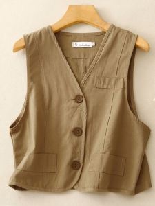 Retro Style Cotton Parka Short Vest Womens Autumn Bandage Dress Sleeveless Waistcoat Casual Easiest for Match V Neck Vest Tops