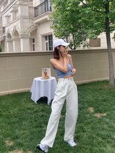 Daduhey quần jean ống suông quần jean ống suông Quần bò 2024 Quần bò nữ cạp cao ống rộng Denim dáng rộng Retro