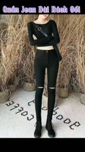 Quần Jean Dài Nữ Mẫu Rách Gối Lưng Cao Co Giãn Mạnh Lưng Cao Màu Đen