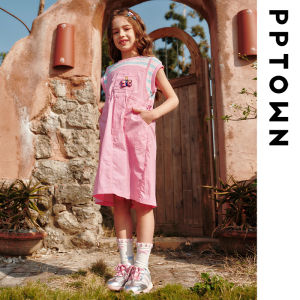 Girls Summer Thin Stripe Short Sleeve Overalls Dress Childrens Clothing Pink Strap Dress Casual Style Kids Fashion Dress