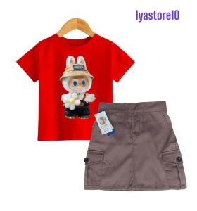 Setelan Rok cargo mini dan kaos labubu anak usia 1-12tahun bahan catton drill lembut