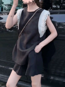 Shalldoer | Lace Splicing Sleeveless Vest Shorts Two-Piece Set Womens Summer Fashion High-End Feelings Ladies Ensemble Round Neck Design