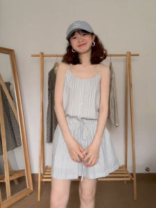 Korean Style Summer Sun Protection Knitted Cardigan Air Conditioning Cover up Womens Summer Belted Blue Striped Halter Dress Two Piece Set