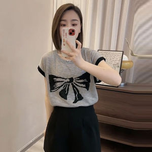 Loose Belly-Covering [40.00 Kg-100.00 kg] Bows Jacquard Ice Silk Short Sleeve T-shirt Womens Summer Fashion Anti-Aging Top