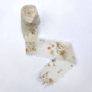 Printed Flower Silk Chiffon Ribbon Wedding Hand Torn Raw Edge Rural Wind Snow Spun Small Fresh Bouquet Ties Broken Tassel Ribbon