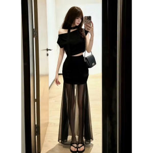 Karrar betsey | Black Asymmetrical Short Sleeve Mesh-paneled Women Summer Dress