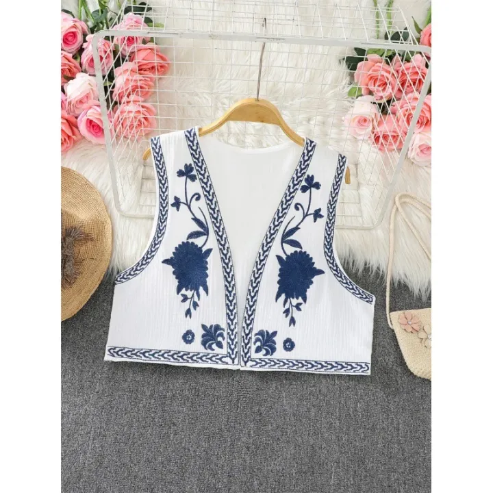 Vintage Embroidered Women's Vest Cardigan Loose-Fit Shoulder Top Summer New Style Korean Version Sleeveless Clothing