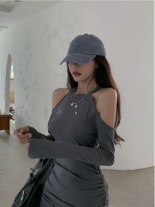 กระโปรงสั้นทรงเอเอวสูงสไตล์หวานและเผ็ดร้อนสำหรับผู้หญิงในฤดูใบไม้ร่วงและฤดูหนาว กระโปรงทรงเอแขนยาวลายพิมพ์ลาย ชุดเดรสแขนกุด