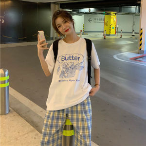 ชุดฤดูร้อน ชุดสูทผู้หญิง แขนสั้นหลวมๆ สไตล์ใหม่ปี 2024 คอลเลกชั่นสีน้ำ Salinity กางเกงขายาวลายสก็อตลำลอง กางเกงขายาวสองชิ้น