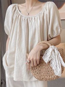 Korean Style Cotton Linen Bubble Sleeve T-Shirt Womens Summer New round Neck Loose Slimming Fashion Personality Short Sleeve