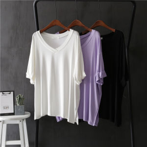 Áo Thun Modal Cổ Chữ V Cỡ Lớn Mùa Hè Rộng Rãi Hở Xương Quai Xanh Thường Ngày Dài Tay Màu Trơn Thoải Mái Thoáng Khí