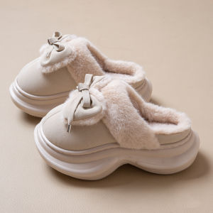 Dép Bông Dày Ấm Áp Cho Nữ Mùa Đông Trong Nhà Ngoài Trời Chống Trượt Đế Dày Lông Cừu Lót Lông Cừu Thắt Nút Bướm