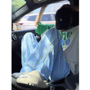 Quần Thể Thao Nhanh Khô Màu Xanh Lam Cho Nữ Mùa Hè Ice Silk Chống Nắng Quần Nỉ Phong Cách Mỹ Có Khóa Kéo Bên Hông Xếp Ly