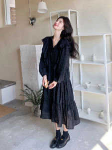 Elegant Black French Style Hepburn Long Dress Womens Fashionable Spring Season Polyester Fiber H-Line A-Line Skirt
